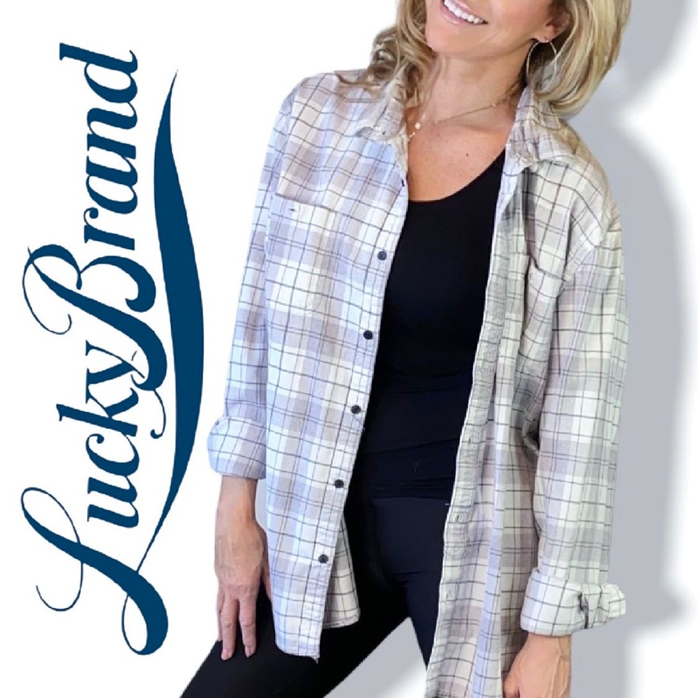 Vintage Lucky Brand Saturday Stretch Flannel Gray/white Plaid Shirt XXL